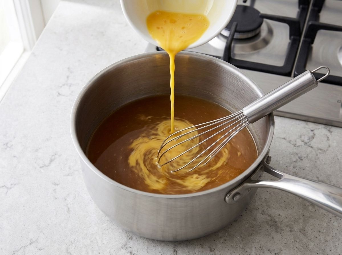 Beaten egg poured in a thin stream into the warm stock and whisked in.