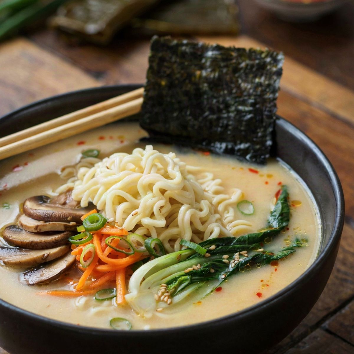 Vegan ramen in a black bowl, wavy noodles with shiitake, carrot matchsticks and baby bok choy in an opaque miso broth, with a sheet of nori at the rim.