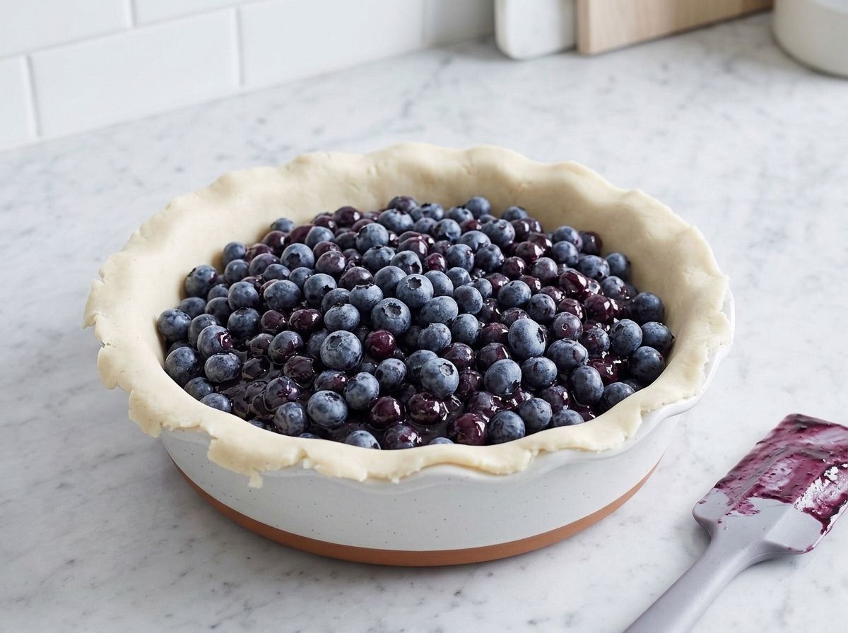 A pastry-lined ceramic pie dish heaped with whole blueberries in a thick dark syrup