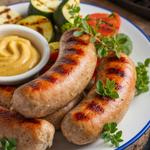 Grilled vegan sausages on a rustic wooden board with fresh herbs.