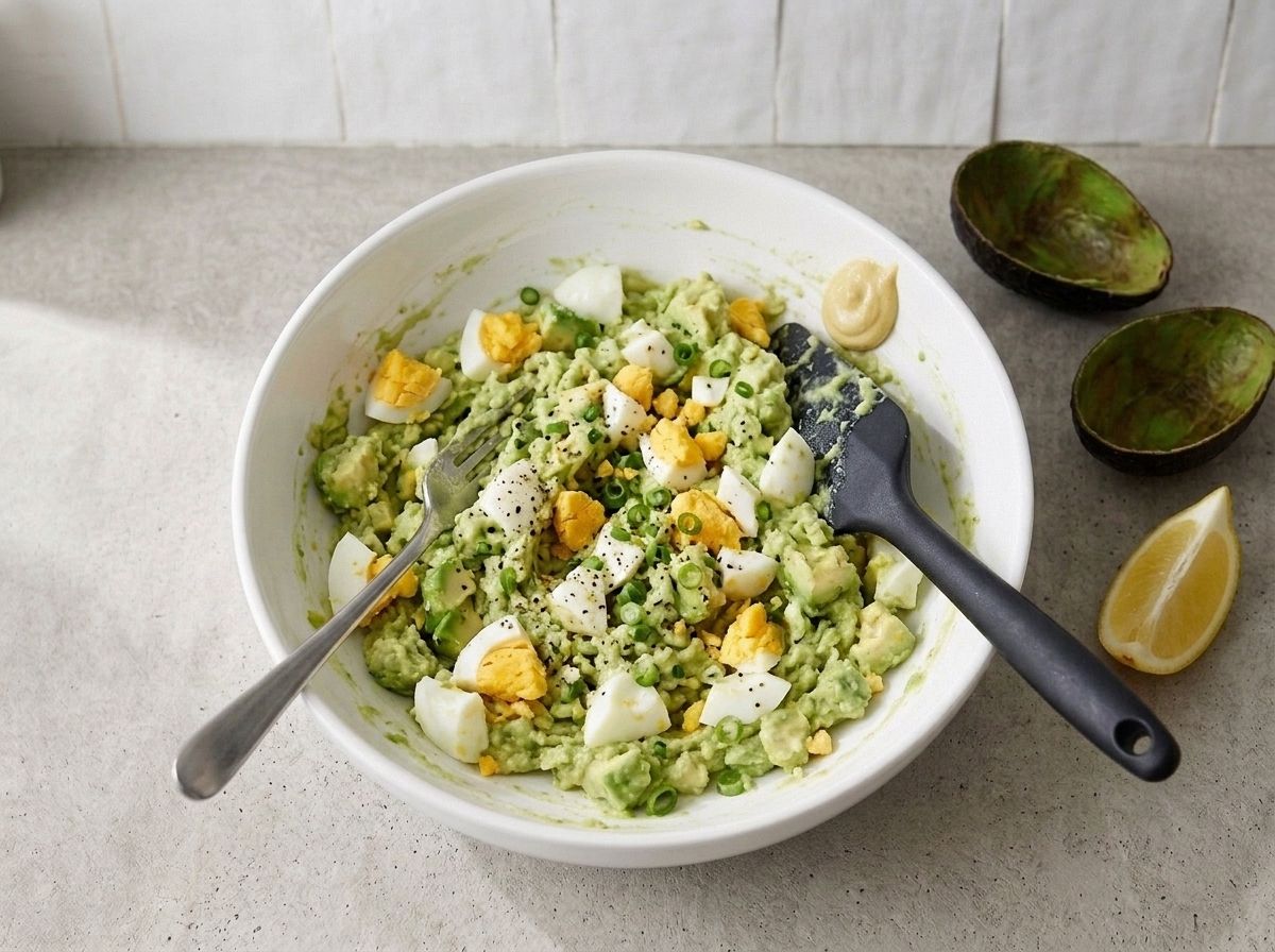 Chopped hard-boiled egg and sliced chives folded through the mashed avocado, the pieces still visible