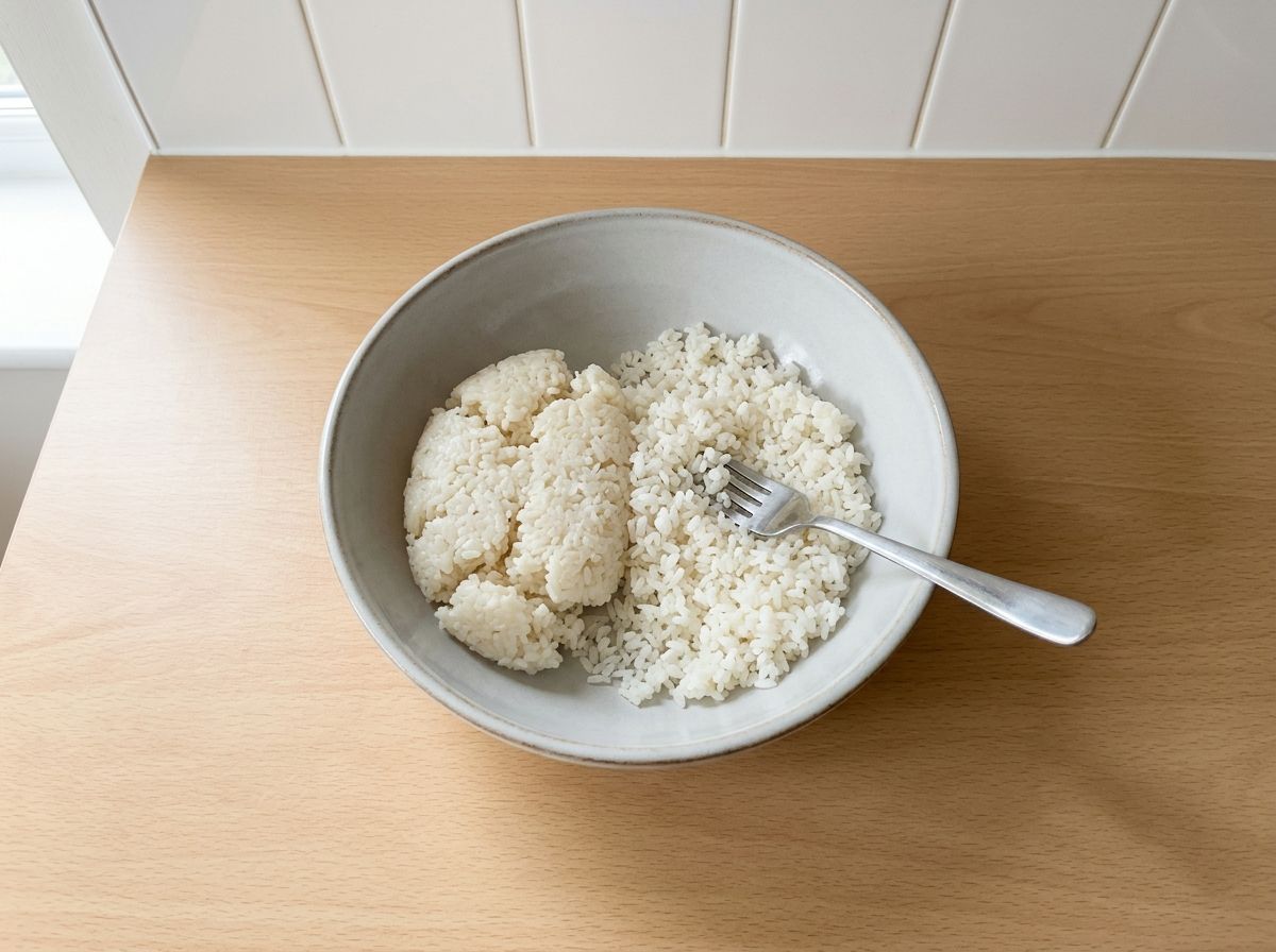 Cold cooked rice in a wide bowl, half still in clumps and half broken up into loose grains with a fork.