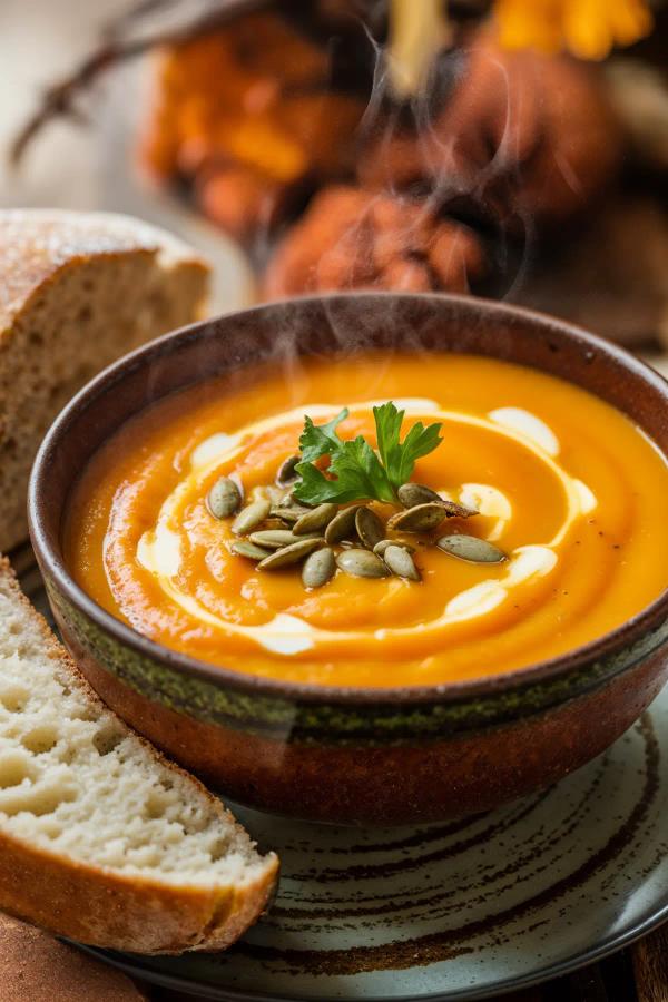 Butternut squash soup in a rustic bowl, topped with a swirl of cream, toasted pumpkin seeds and fresh parsley, with crusty bread alongside.