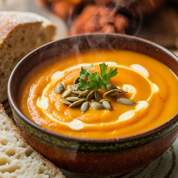 Butternut squash soup in a rustic bowl, topped with a swirl of cream, toasted pumpkin seeds and fresh parsley, with crusty bread alongside.