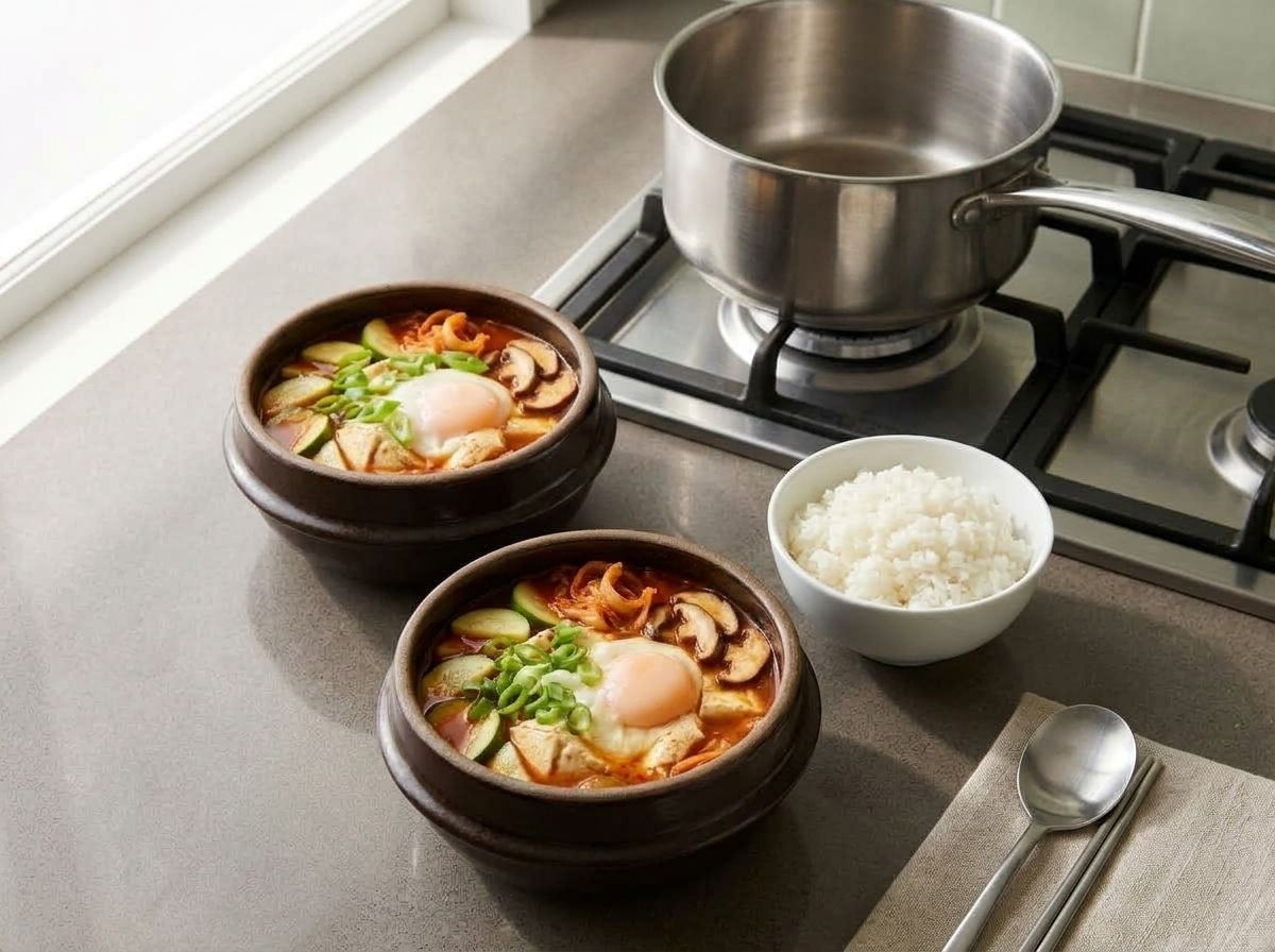 Sundubu jjigae served in two earthenware bowls, each topped with a soft-yolked egg and scallion greens, with a bowl of rice