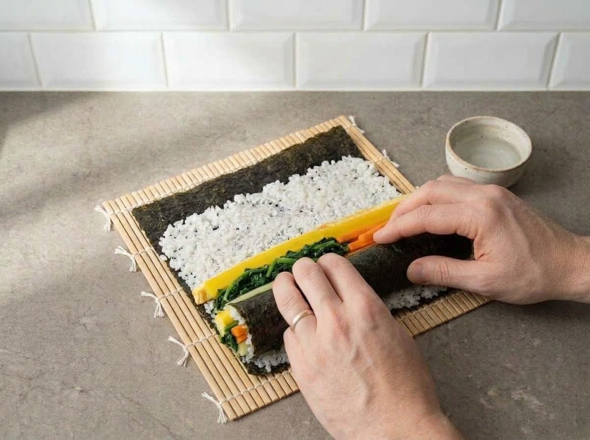 Lifting the near edge of the mat and folding the seaweed over the fillings, fingers tucking them in as the roll forms.