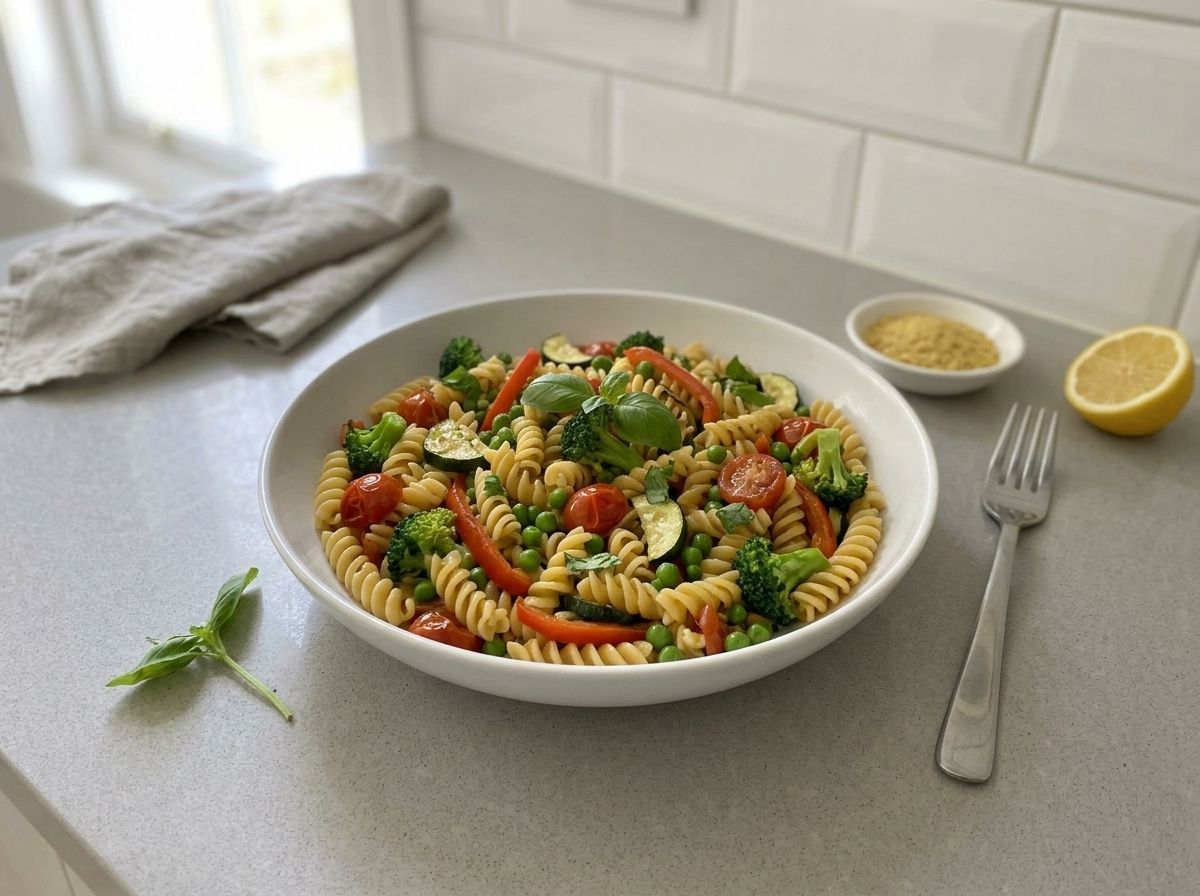 A bowl of vegan primavera pasta finished with torn basil, with a dish of nutritional yeast and a lemon wedge beside it