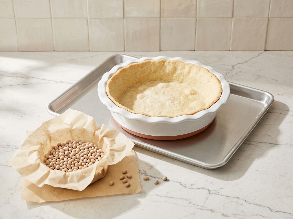 Blind-baked pie shell cooling in its dish, the parchment sling of dried beans lifted out beside it
