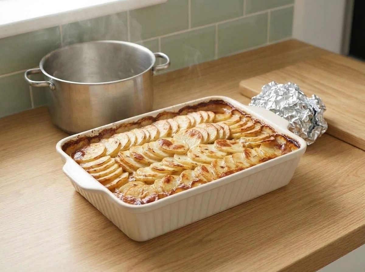 The foil removed and the top of the scalloped potatoes browned in patches, the sauce bubbling at the edges.