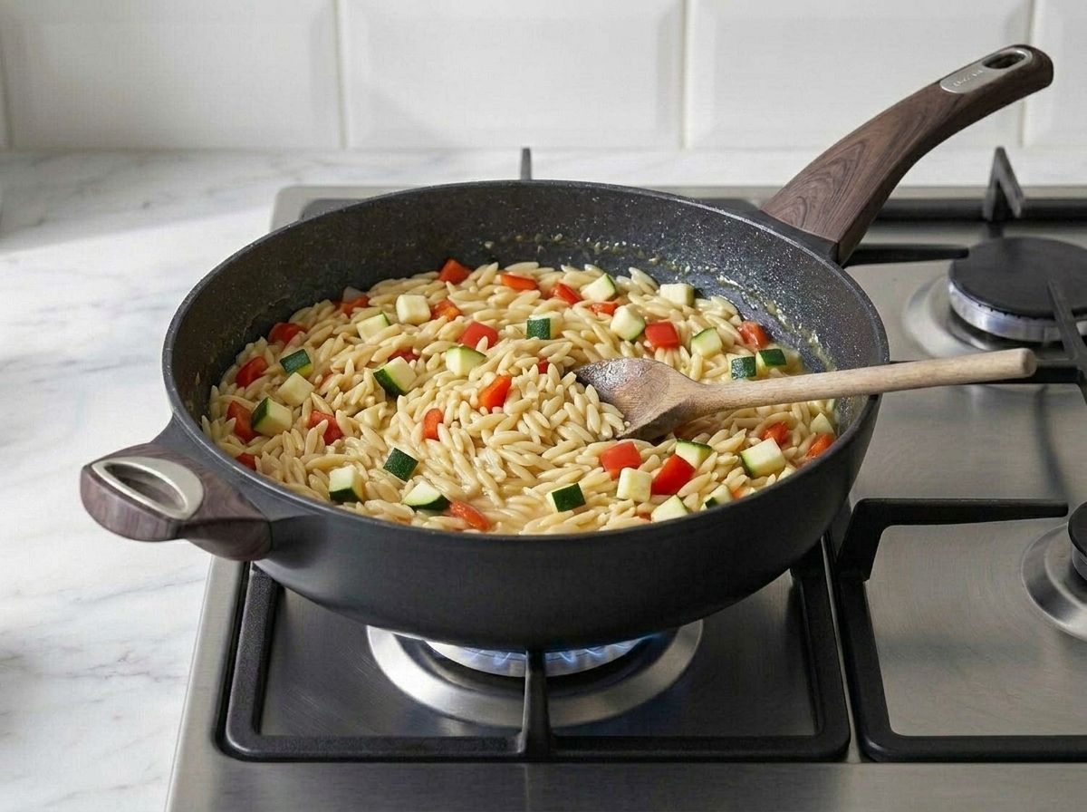 Diced zucchini stirred into the orzo as the last of the broth is absorbed.