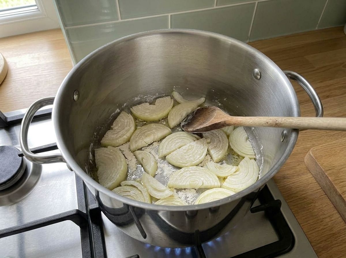 Flour stirred through the softened onion until every slice is coated in a matte pale paste.