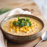 A bowl of vegan corn chowder with corn and potatoes, garnished with cilantro, on a wooden table.