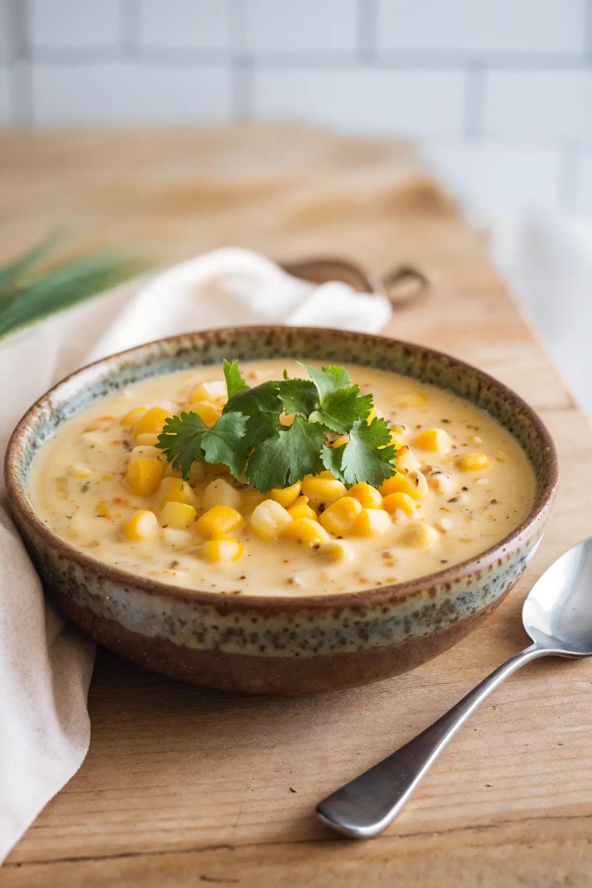 A bowl of vegan corn chowder with corn and potatoes, garnished with cilantro, on a wooden table.