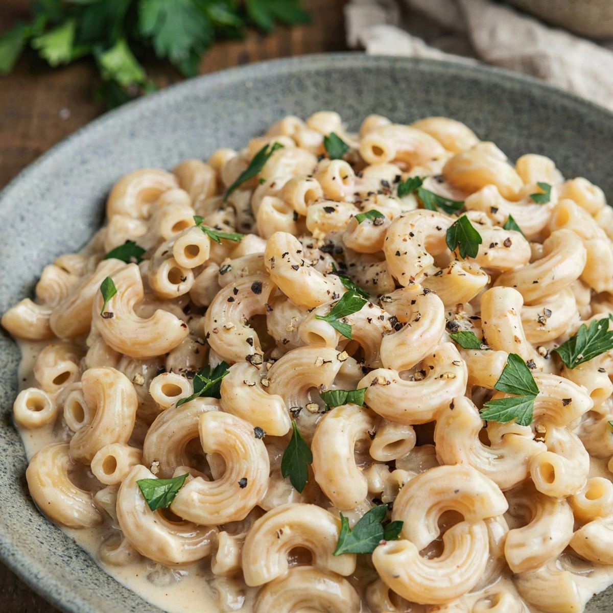 Creamy vegan mac and cheese in a speckled stoneware bowl, ridged elbow macaroni coated in a pale beige cashew and nutritional yeast sauce, scattered with chopped parsley and cracked black pepper.