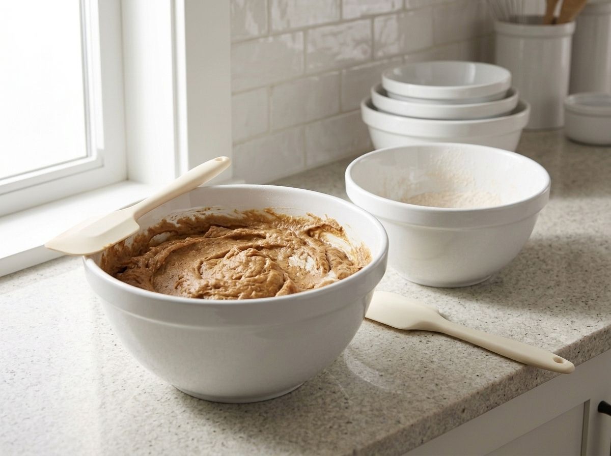 Carrot cake batter stirred only until the flour disappears, still rough and uneven