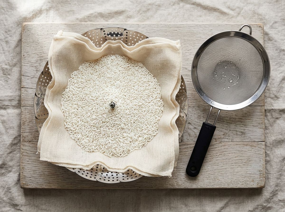 Soaked rice spread in an even layer on cheesecloth inside a lined steamer basket