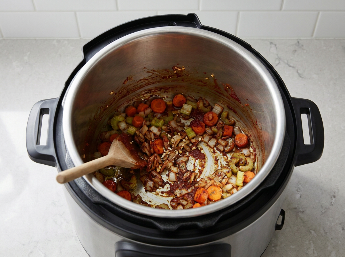 Tomato paste fried to a dark brick red and streaked through the softened vegetables in a dry Instant Pot