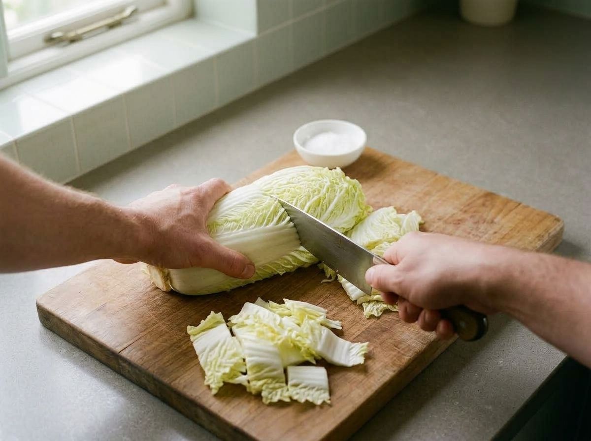 Cutting a halved napa cabbage crosswise into 2-inch pieces on a wooden board