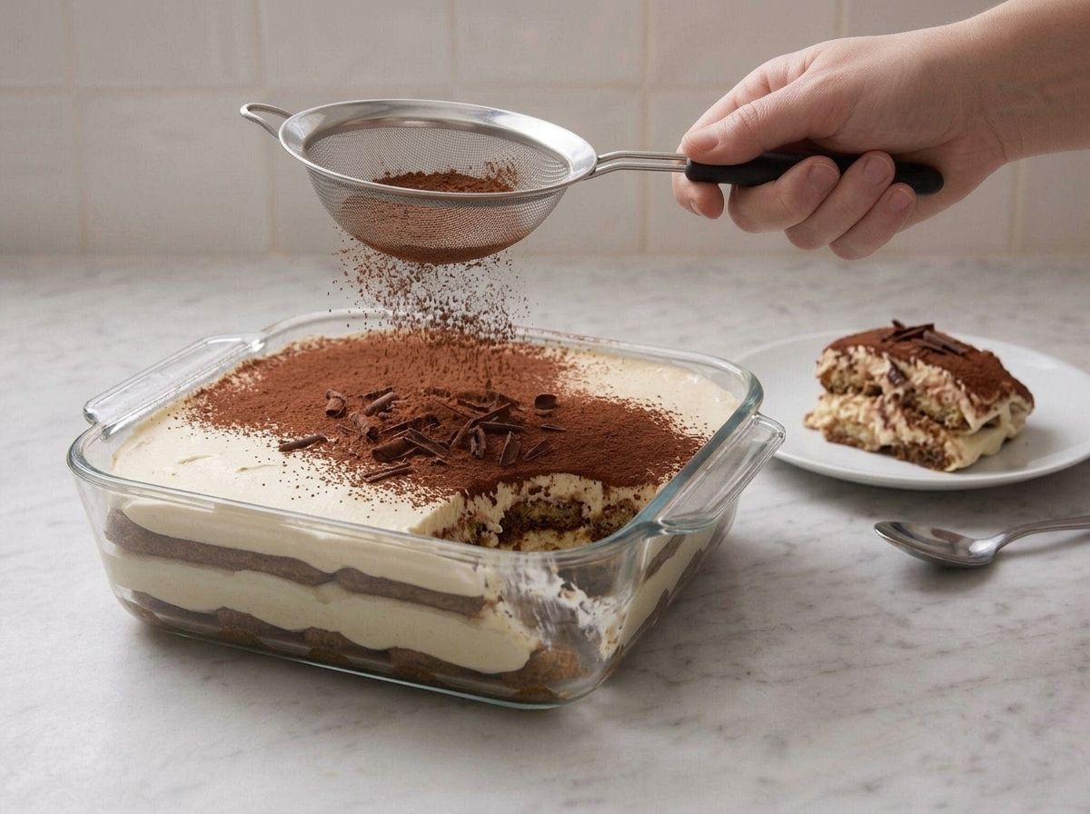 Cocoa dusted through a sieve over the set tiramisu, with one soft portion spooned onto a plate
