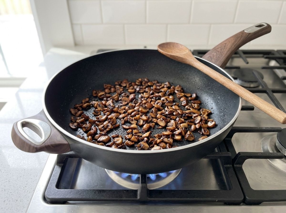 Finely chopped mushrooms browning in a black skillet until dark and shrunken.