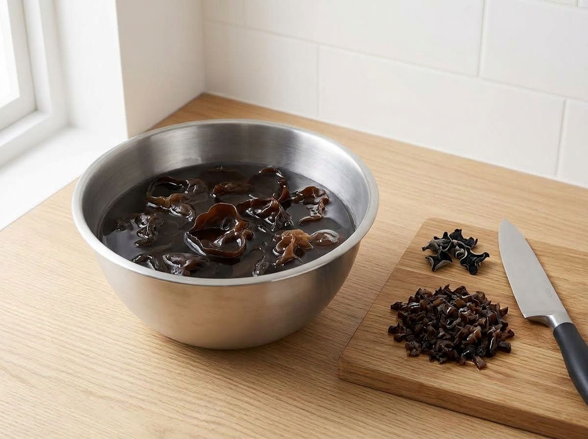 Rehydrated wood ear mushrooms in a bowl of water next to a pile of the same mushrooms minced finely on a board