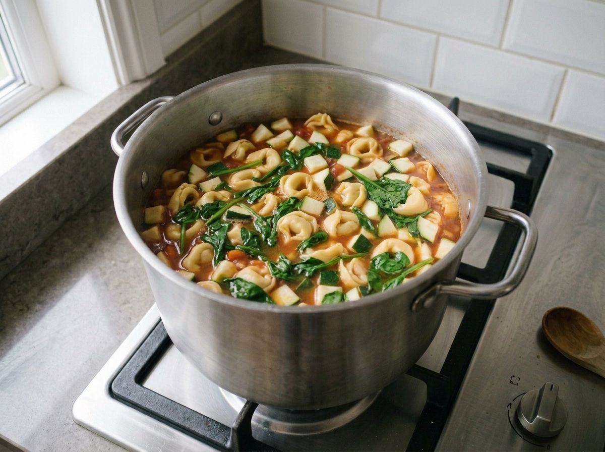 Spinach wilting into the soup with the pot taken off the heat