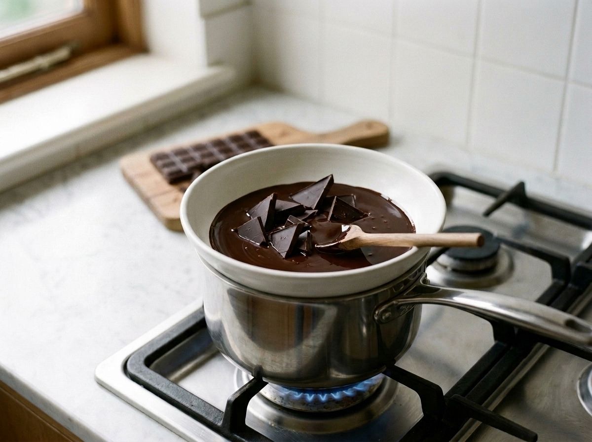 Chopped dark chocolate two thirds melted in a ceramic bowl set over a pan of simmering water