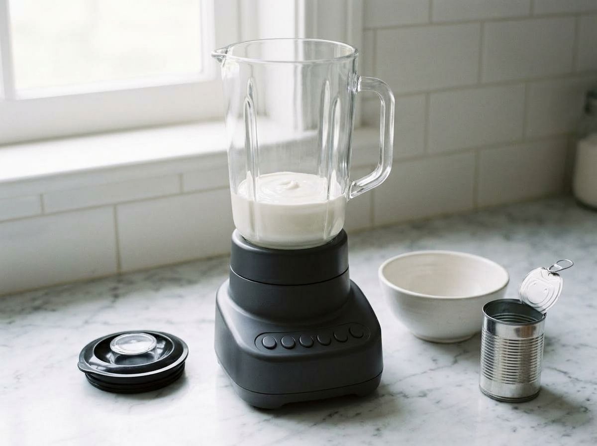 Soaked cashews and coconut milk blended to a thick smooth white cream in the blender jug