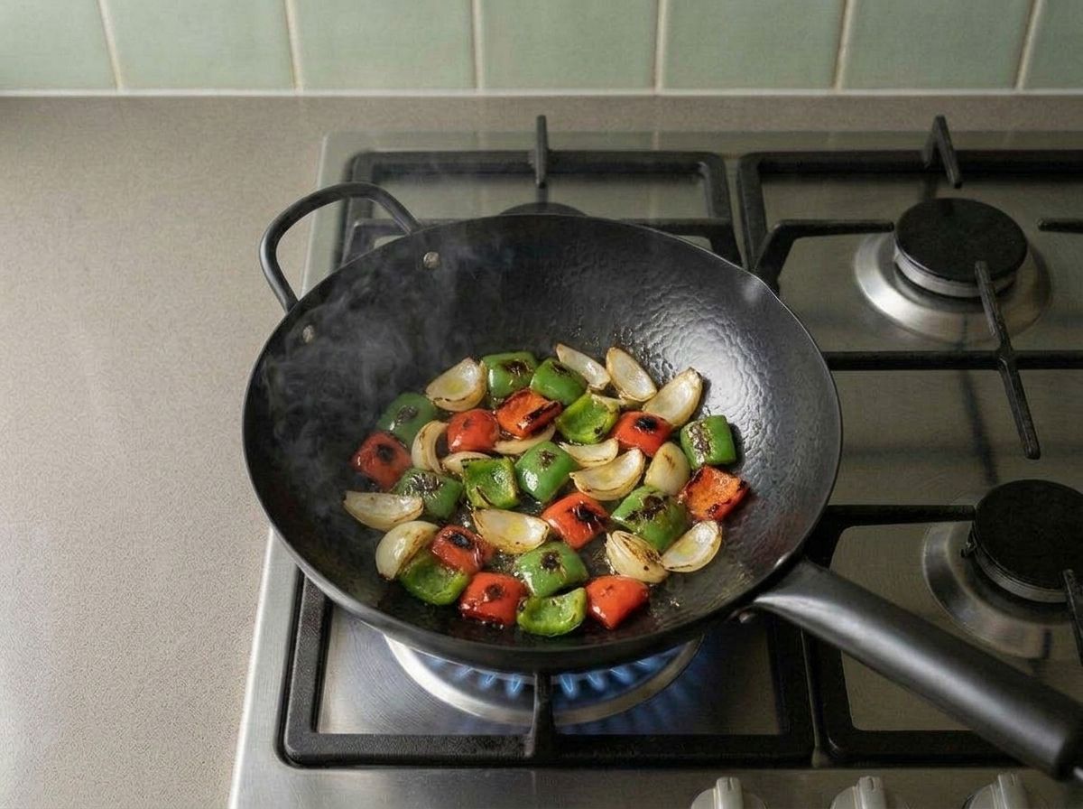 Green and red bell pepper squares and onion petals searing in a hot wok, charred at the edges