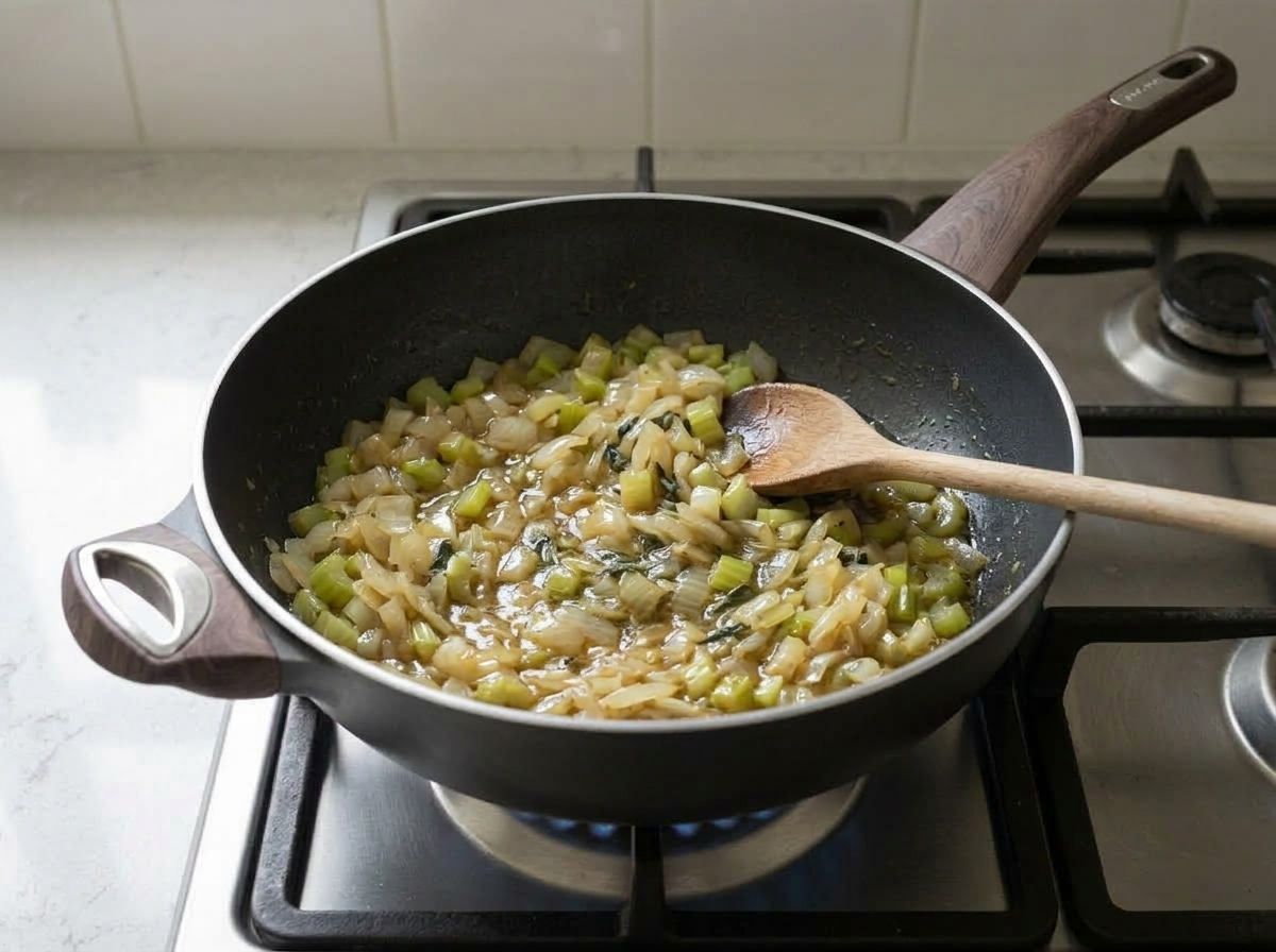 Diced onion and celery softened until translucent in the sage butter.