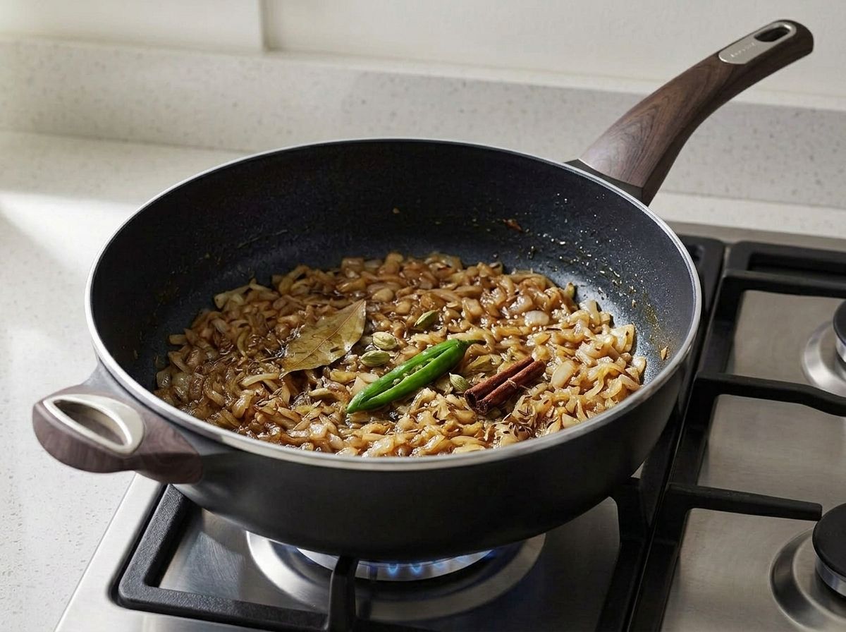Finely chopped onions cooked down to deep golden brown in the pan with a slit green chile among them.
