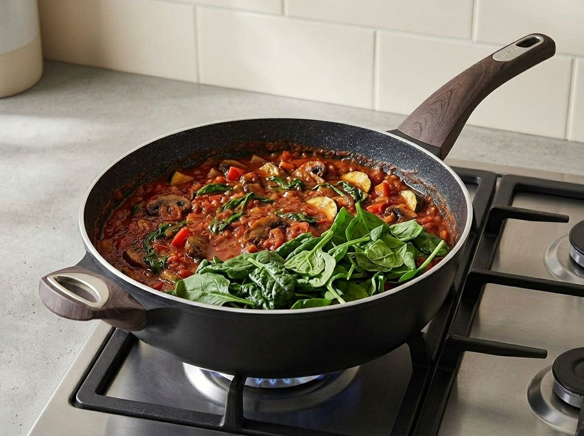 Raw spinach collapsing into the skillet of thick brick-red vegetable sauce