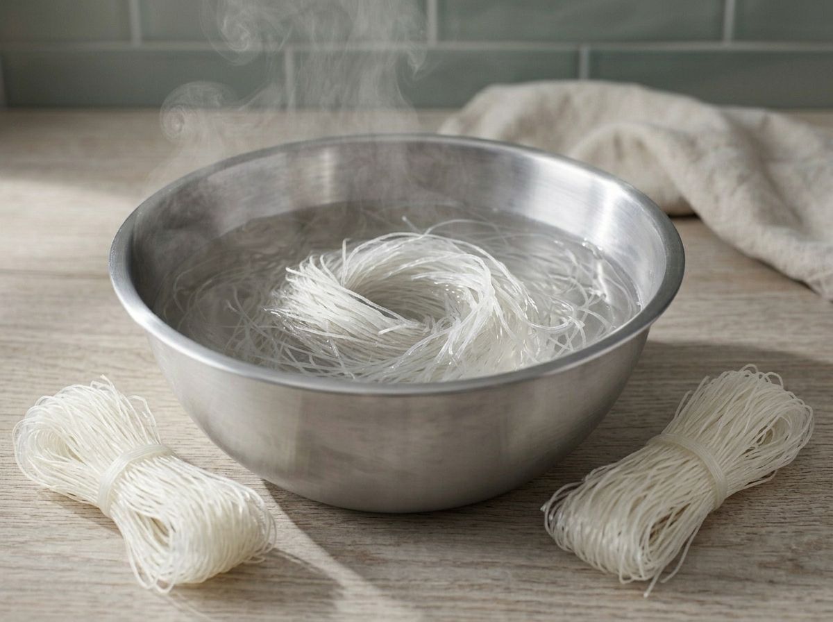 Dried glass noodles softening in a bowl of just-boiled water, turning from chalky white to clear