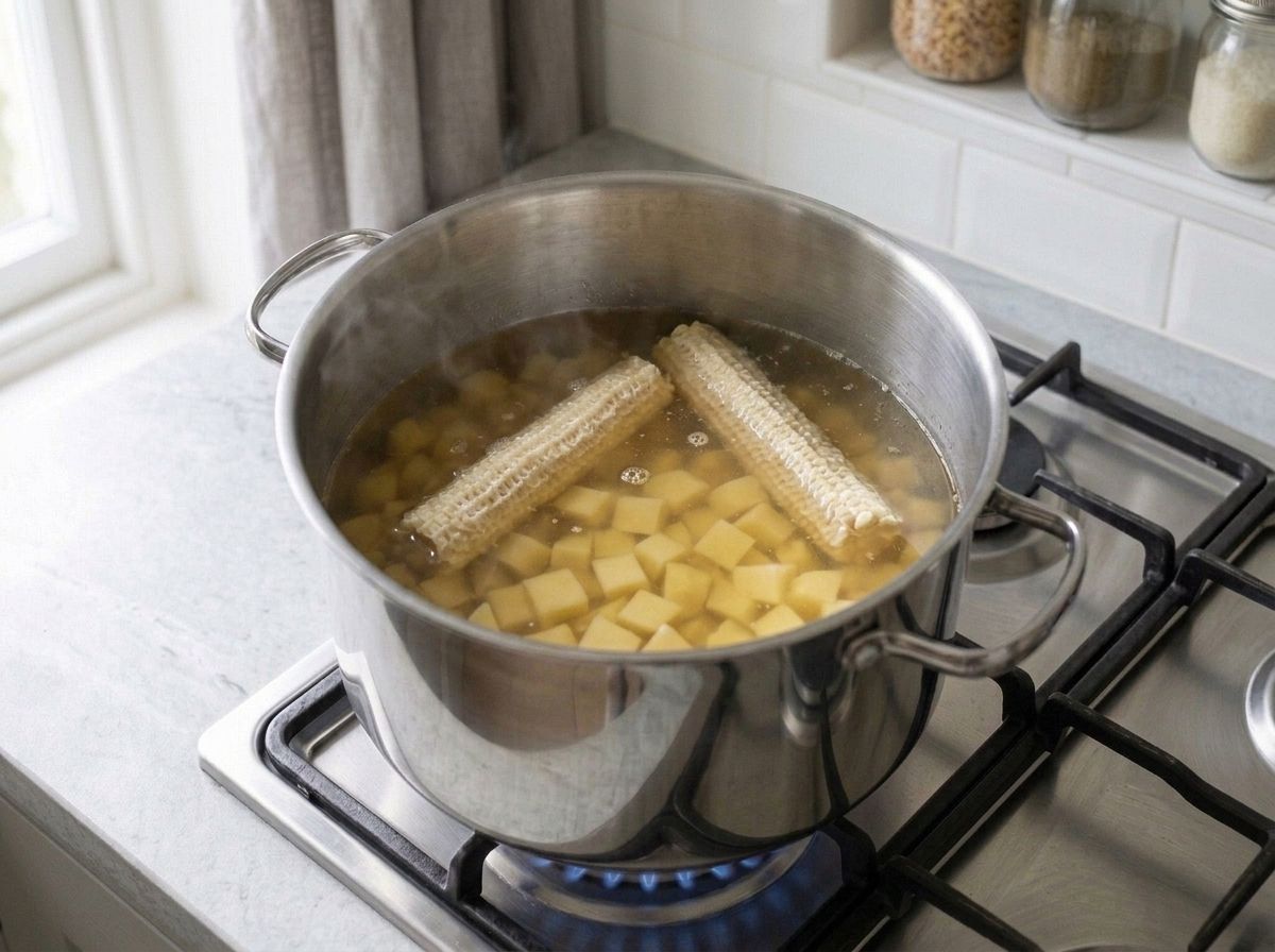 Diced potato and two stripped corn cobs simmering in pale amber broth in a stainless pot