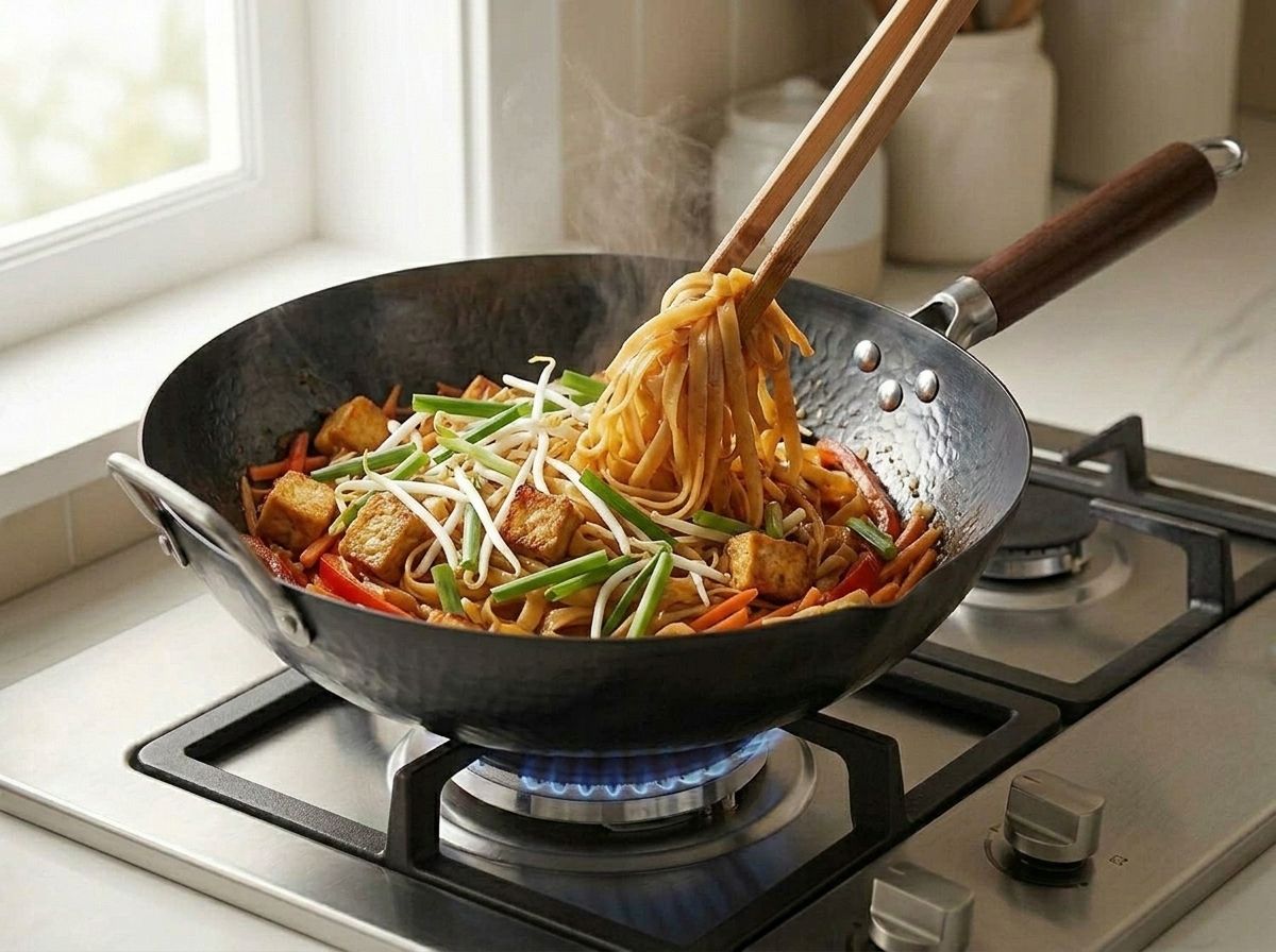 Fried tofu, bean sprouts and green onions tossed back through the noodles