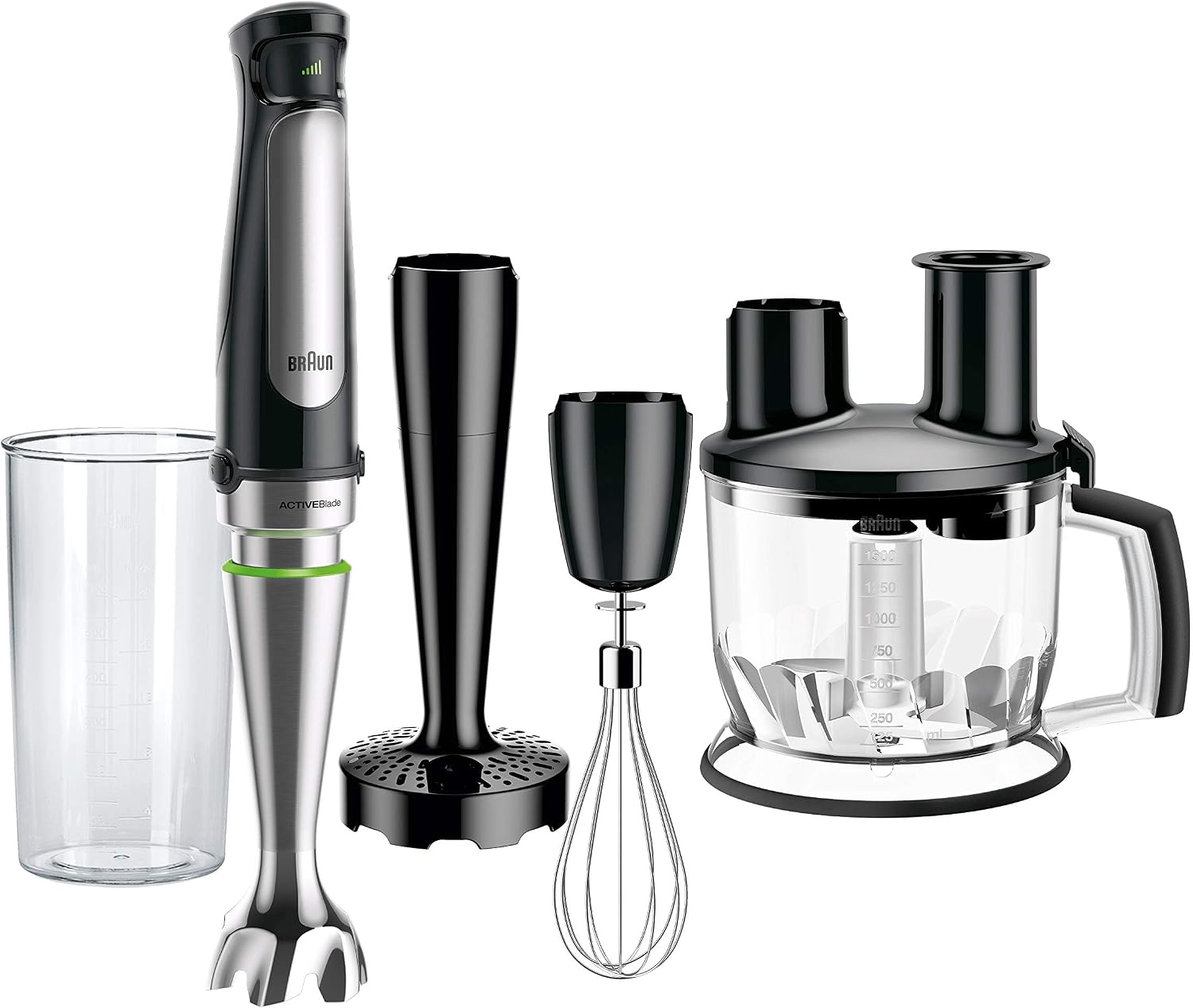 Braun hand blender with a measuring beaker, masher, whisk and food processor bowl attachments