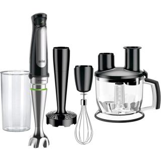 Braun hand blender with a measuring beaker, masher, whisk and food processor bowl attachments