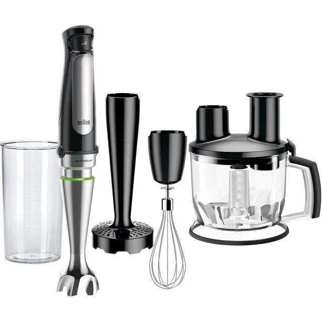Braun hand blender with a measuring beaker, masher, whisk and food processor bowl attachments