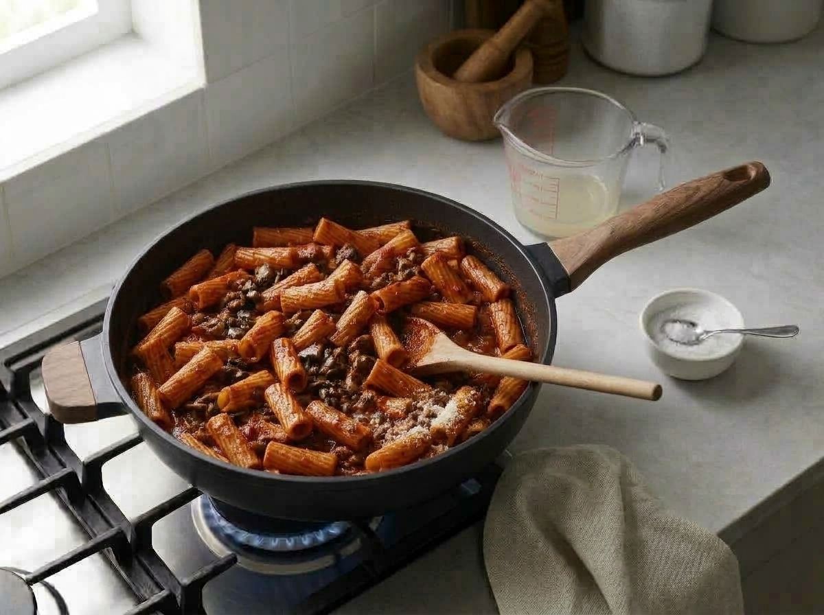 Par-boiled rigatoni tossed through the mushroom sauce in the skillet until every tube is coated