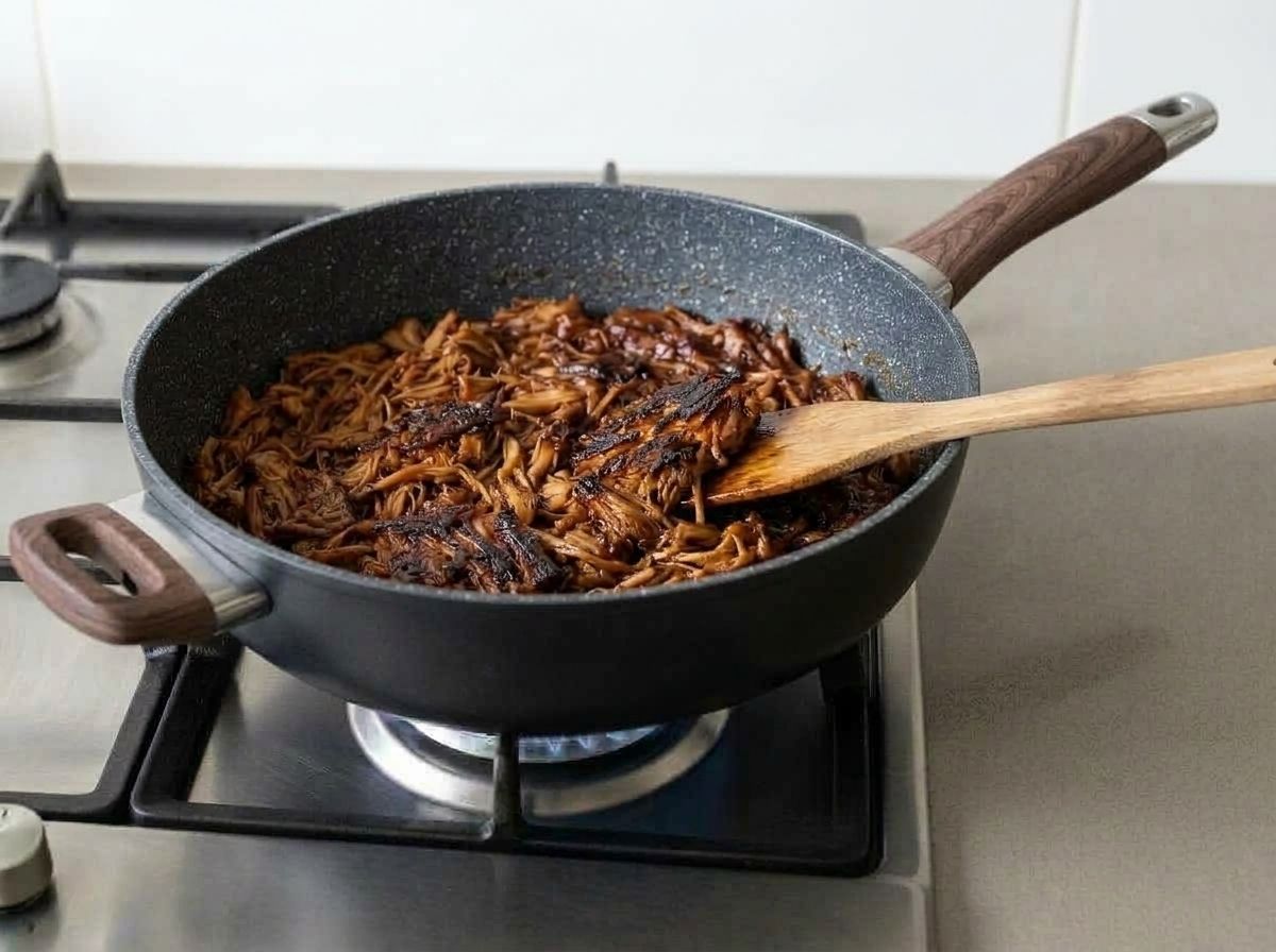 Sauced jackfruit crisped in the skillet, with charred, sticky edges turned over