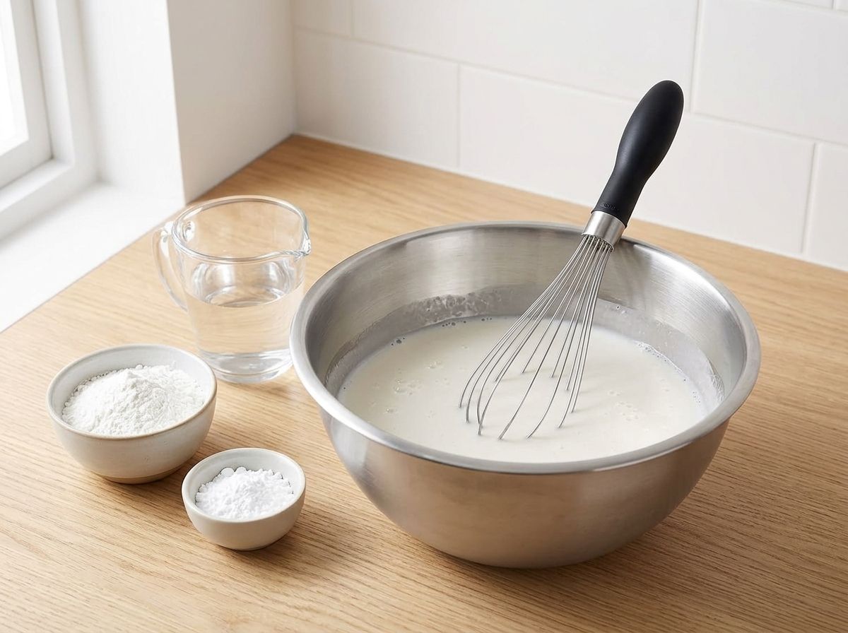 A thin, milky white rice flour and tapioca batter whisked in a steel bowl, with the flours and a jug of water beside it
