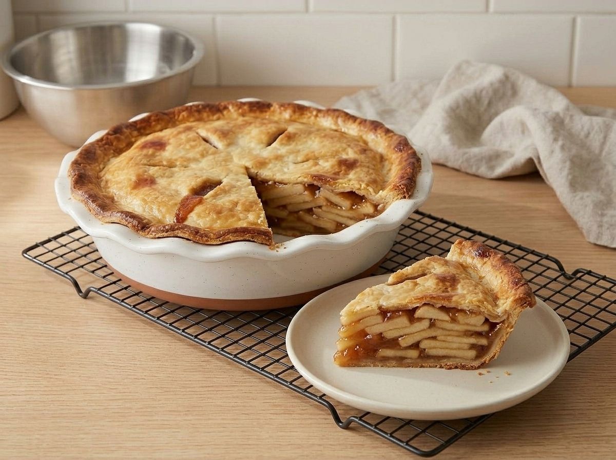 A wedge cut from the fully cooled pie, the filling set firm enough to hold its layers with nothing running onto the plate
