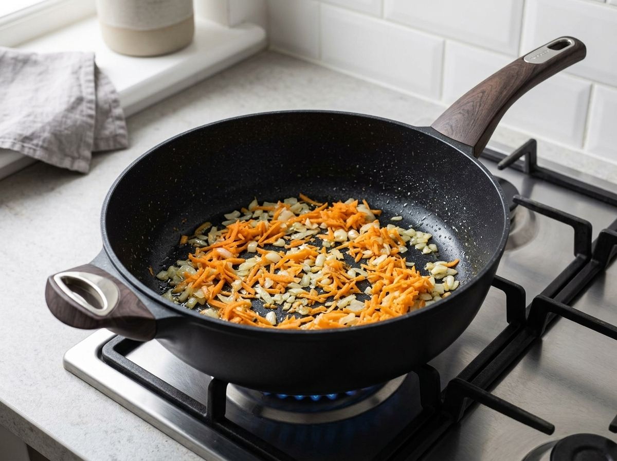 Chopped onion cooked until translucent with grated carrot softening in a black skillet