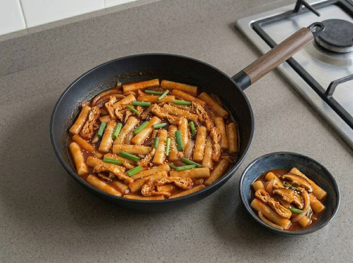 The finished tteokbokki off the heat, scattered with toasted sesame seeds, with one portion in a bowl beside the pan.