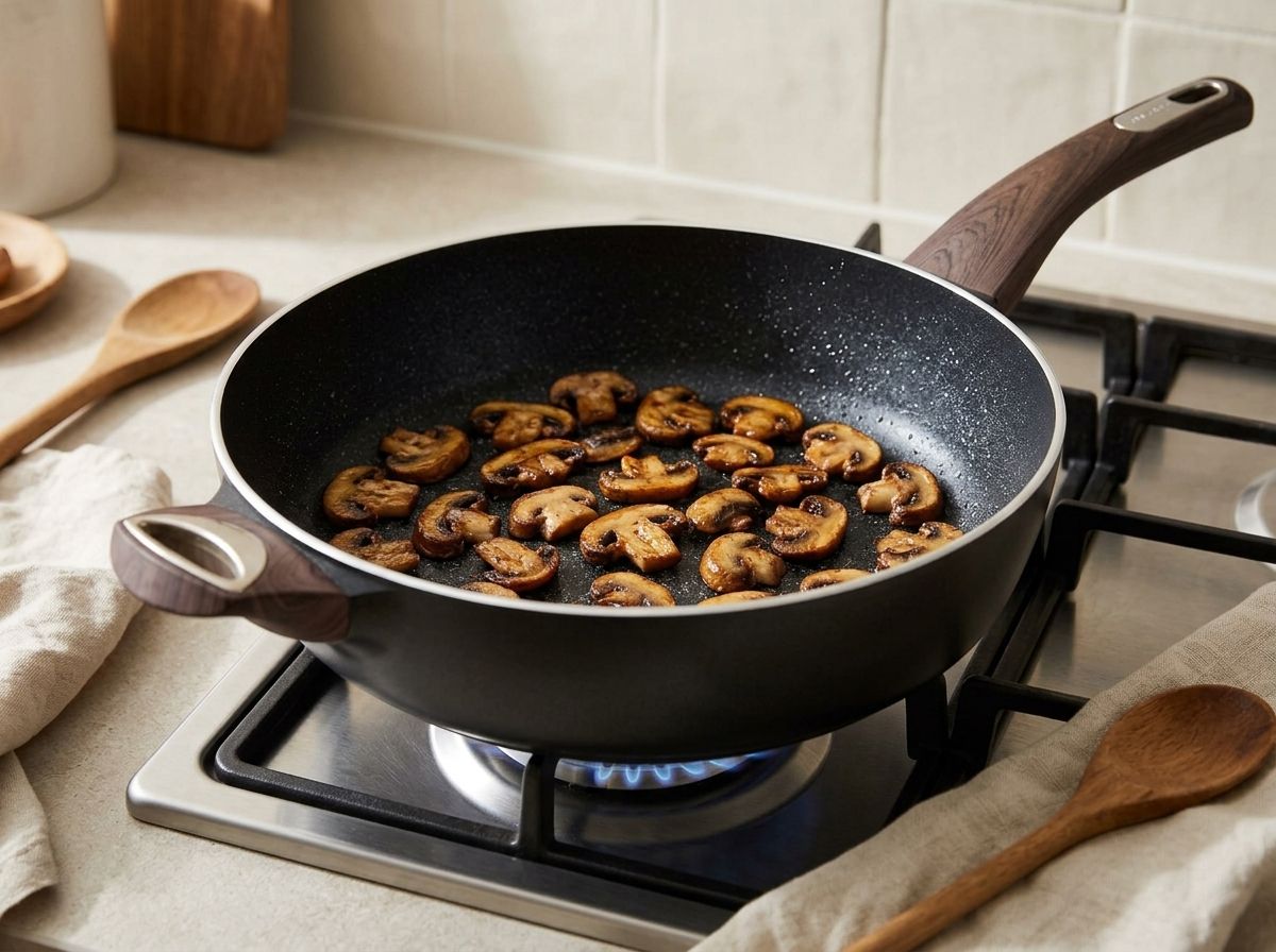 Sliced mushrooms browning in a dry black skillet on a gas burner, shrunk and golden at the edges