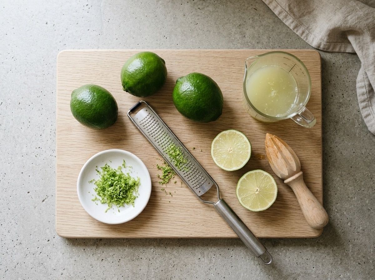 Limes being zested and juiced, with grated zest in a dish and pale lime juice in a measuring jug