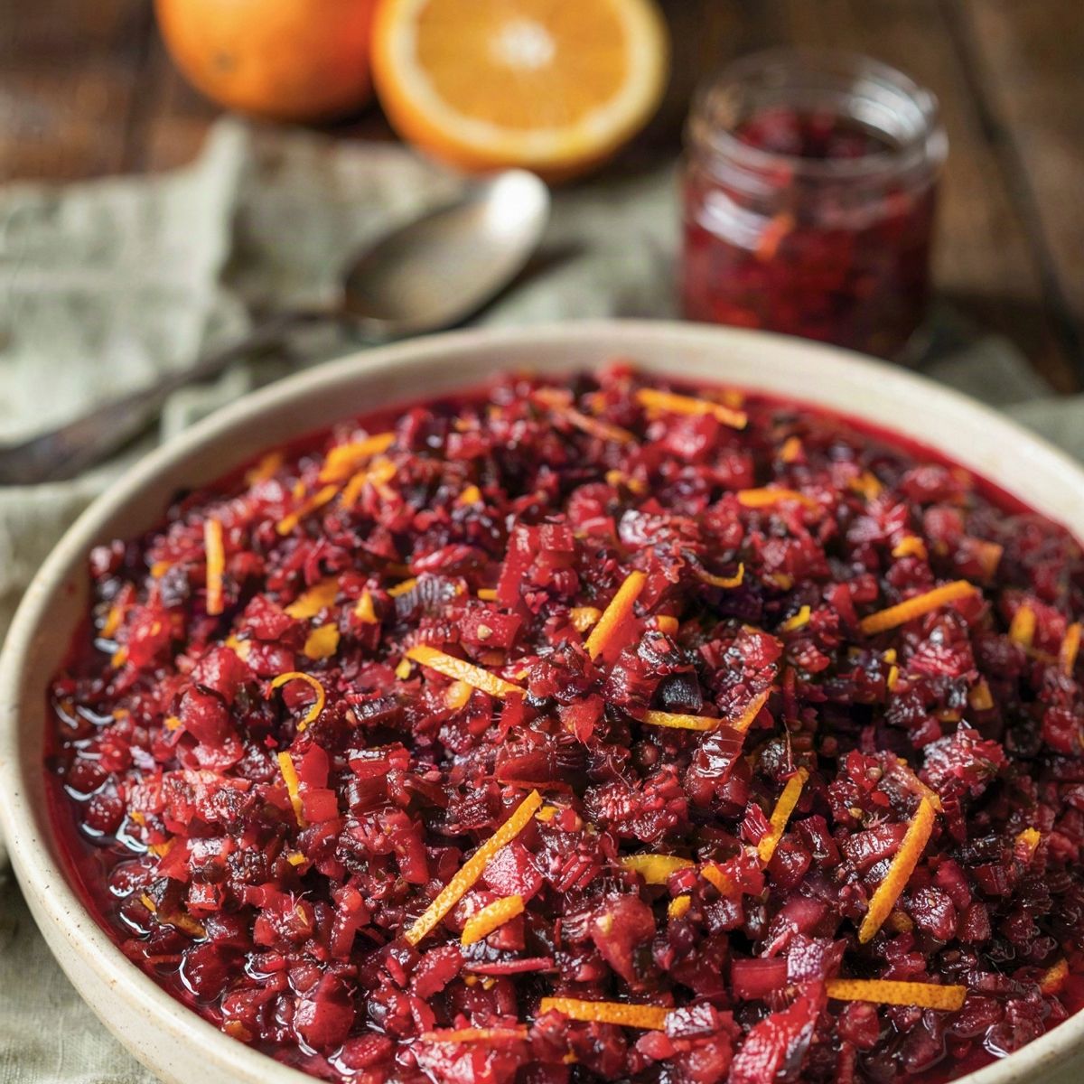 Cranberry-orange relish in a cream stoneware bowl, raw cranberries and a whole orange ground coarse and shot through with bright shreds of orange peel, with fresh oranges and a jar of relish on the table behind