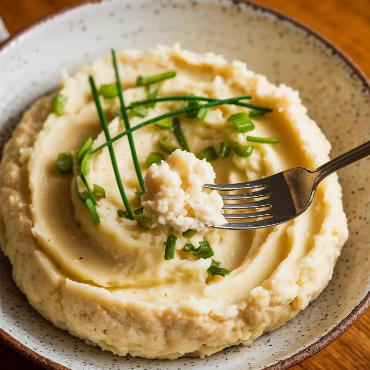 Buttery mashed cauliflower topped with chopped chives, served in a white dish.