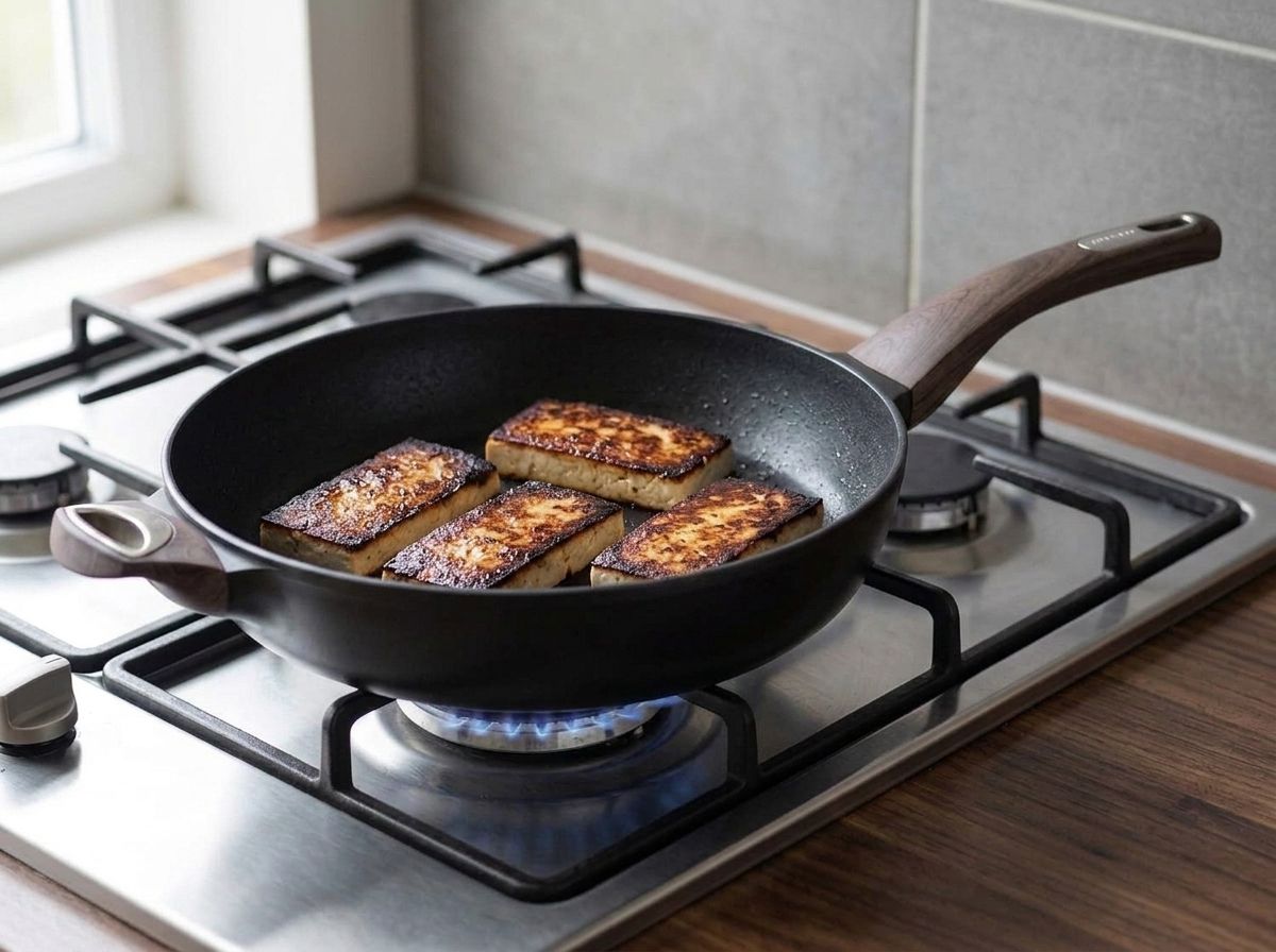 Marinated tofu slabs searing in a hot skillet, their upper faces browned to a deep mahogany.