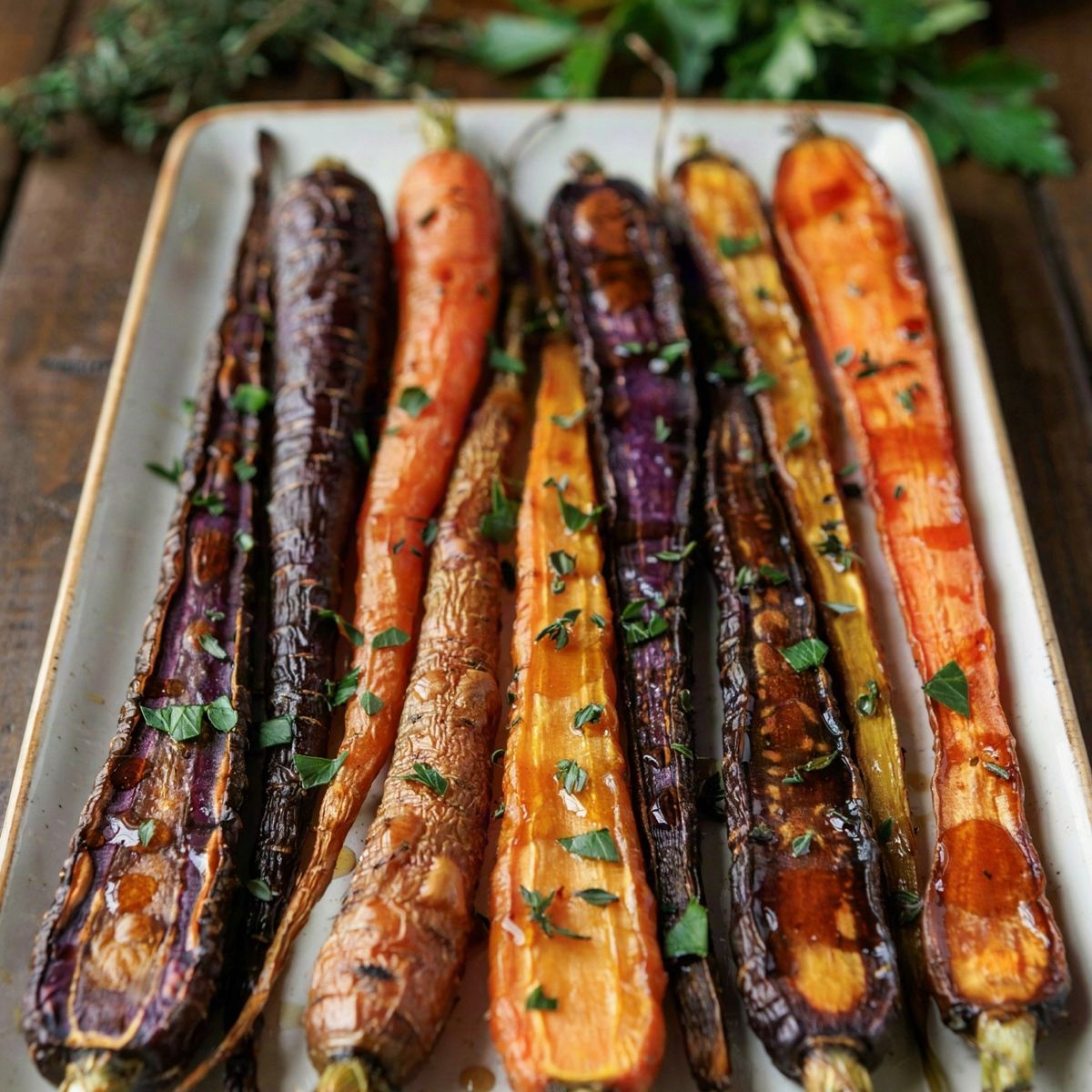Roasted rainbow carrots on a white platter, purple, orange and gold halves caramelized and glazed with honey, scattered with chopped thyme and parsley